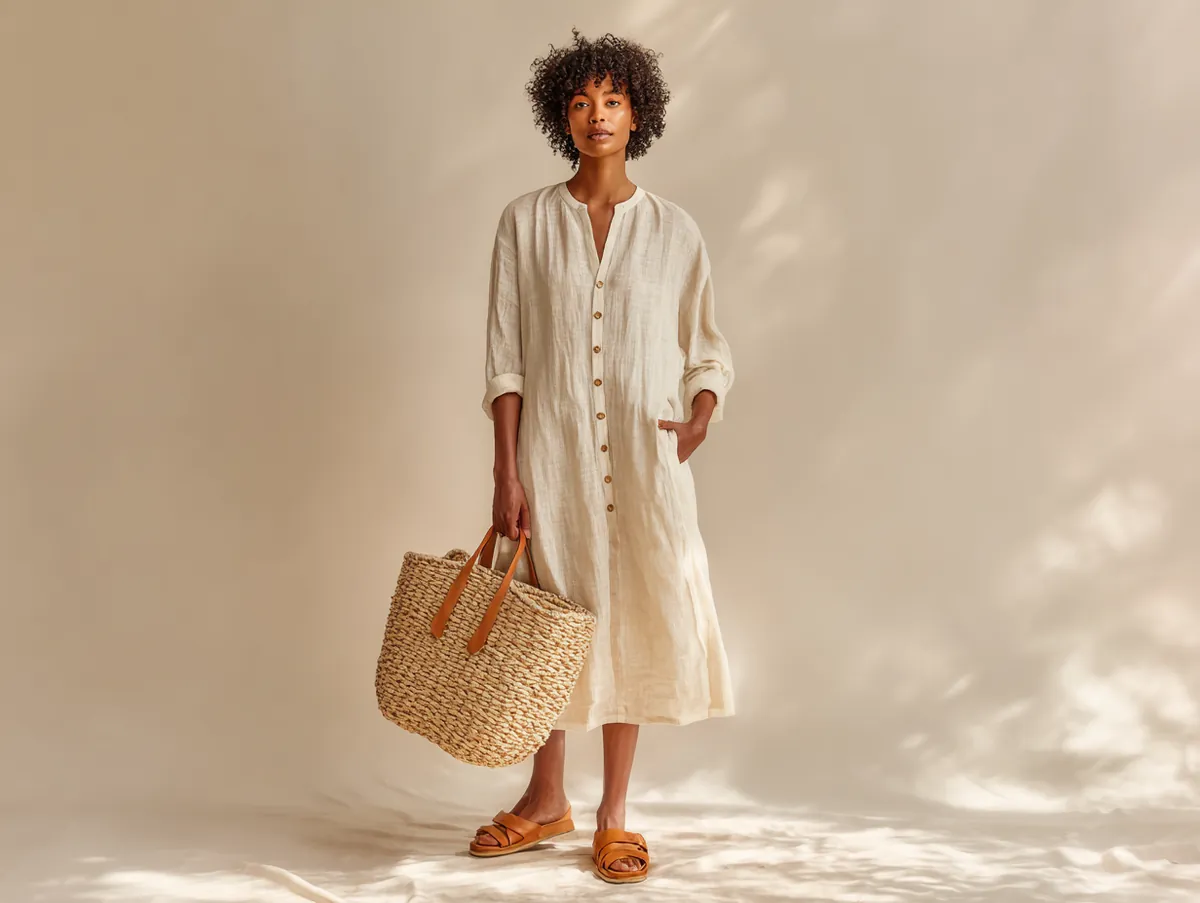 Effortless Linen White Dress Outfit Ideas With Woven Accessories - 2