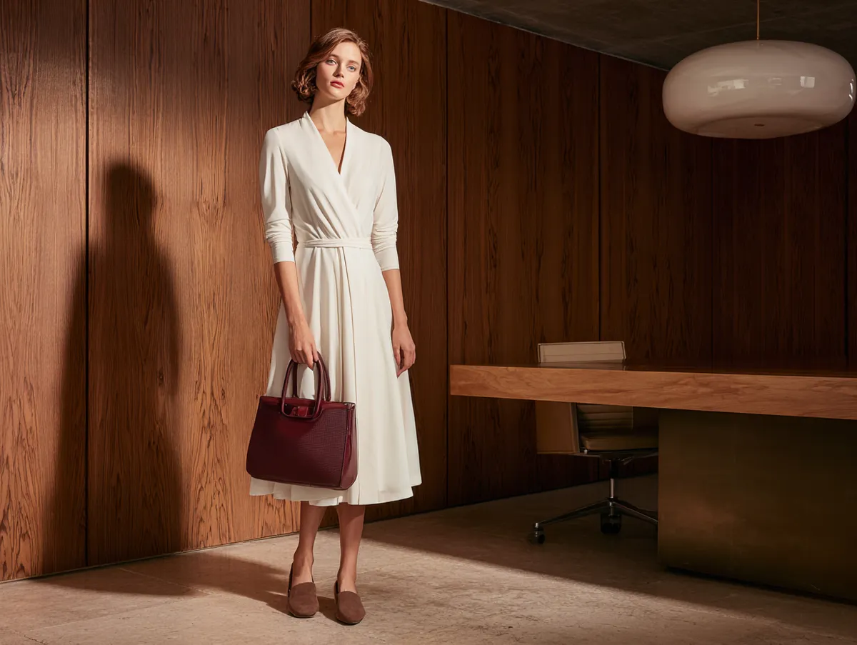 Midi Wrap White Dress Outfit Ideas Paired with Structured Bags - 3
