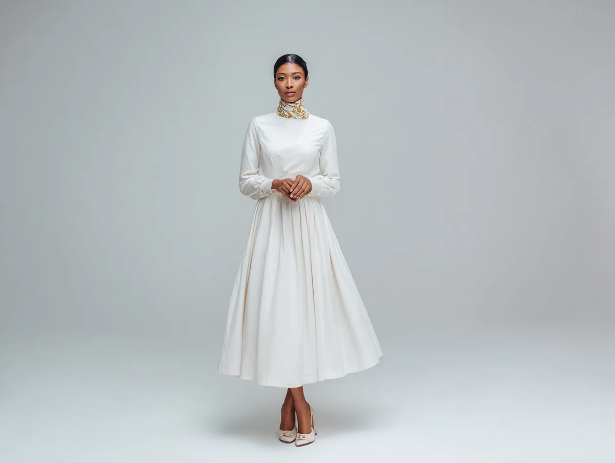 Modest A-Line White Dress Outfit Ideas Styled with Silk Scarves