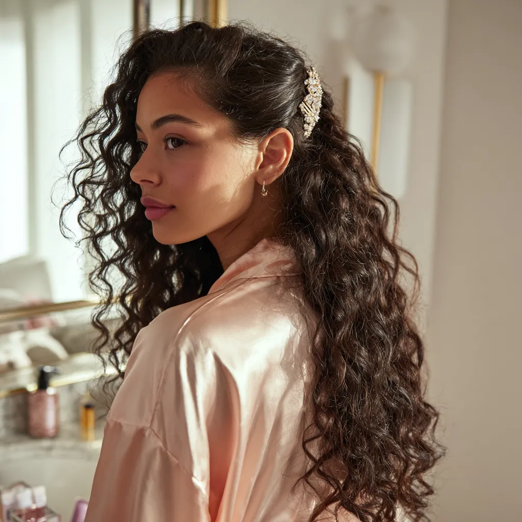 Girl styling easy quince hairstyles with soft curls