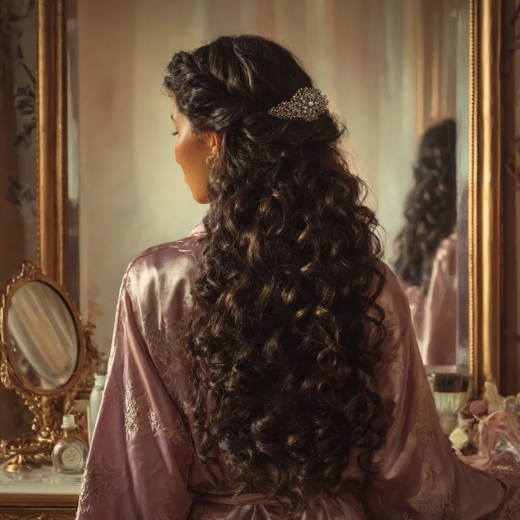 Back view of romantic half up quinceanera hair design