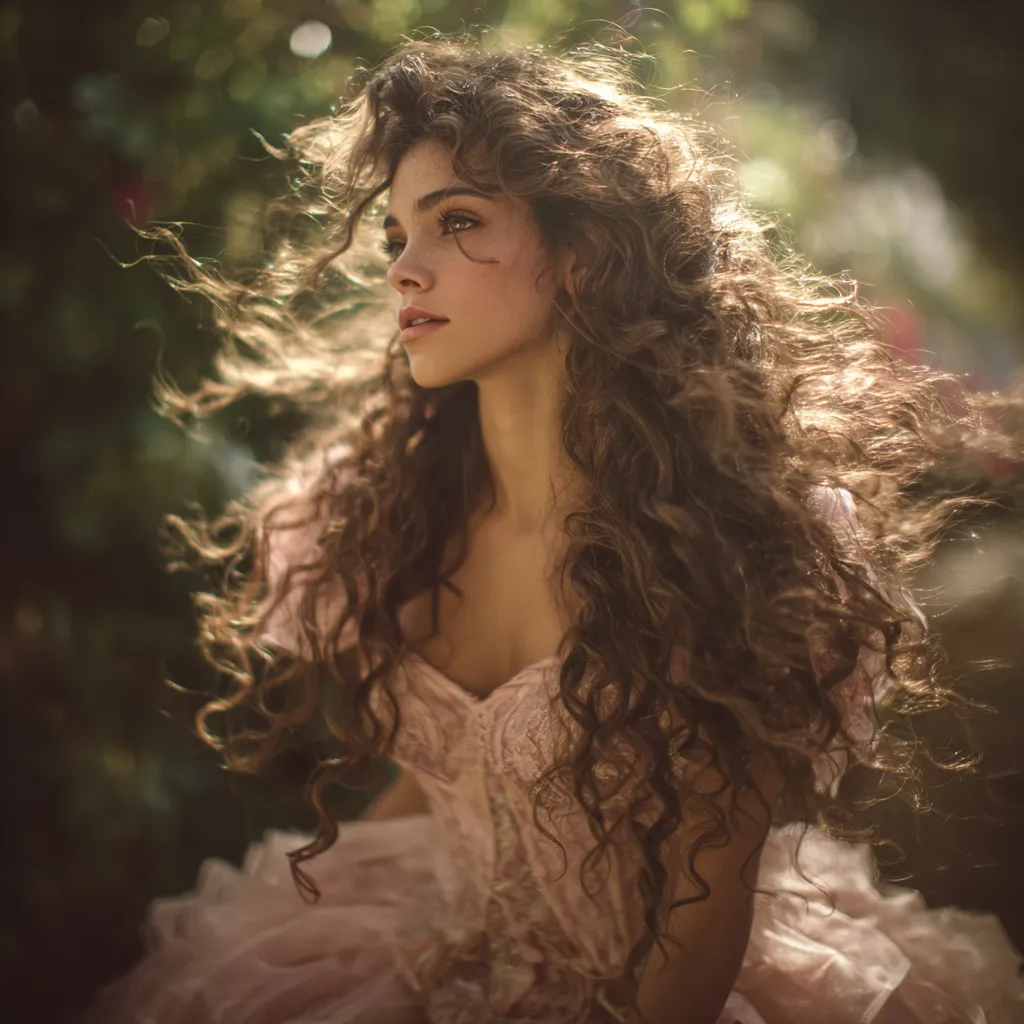 Long loose quince hair ideas with floral crown