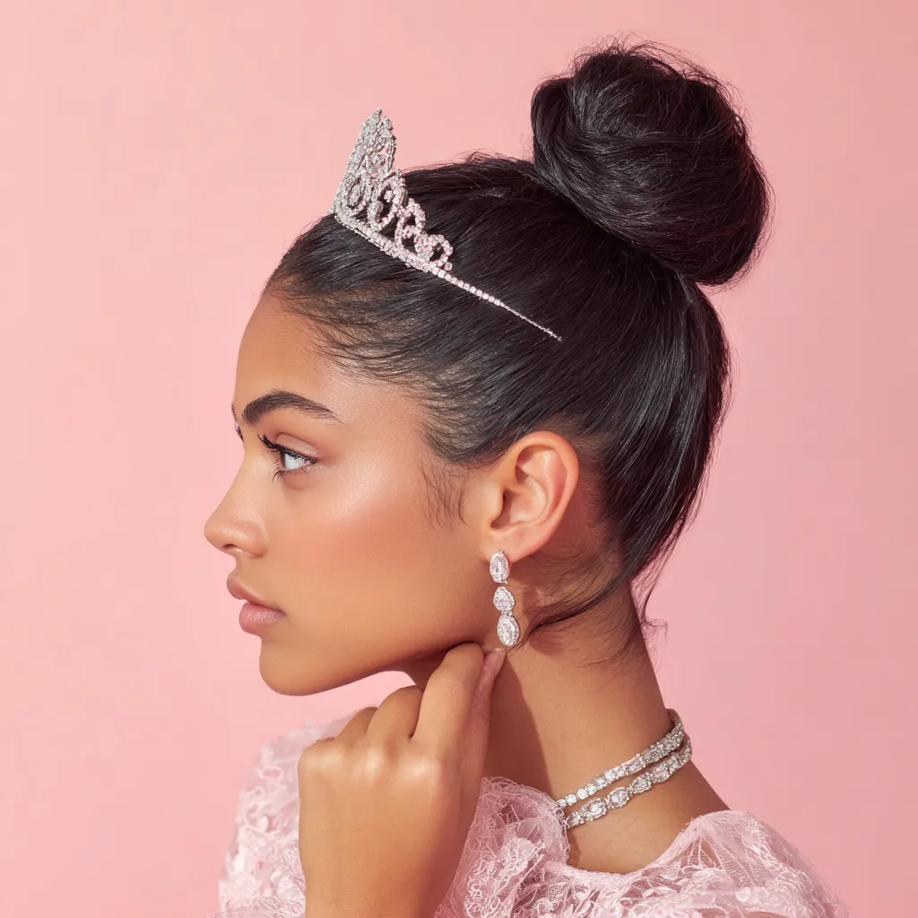 Sleek high bun styling for quince preparation