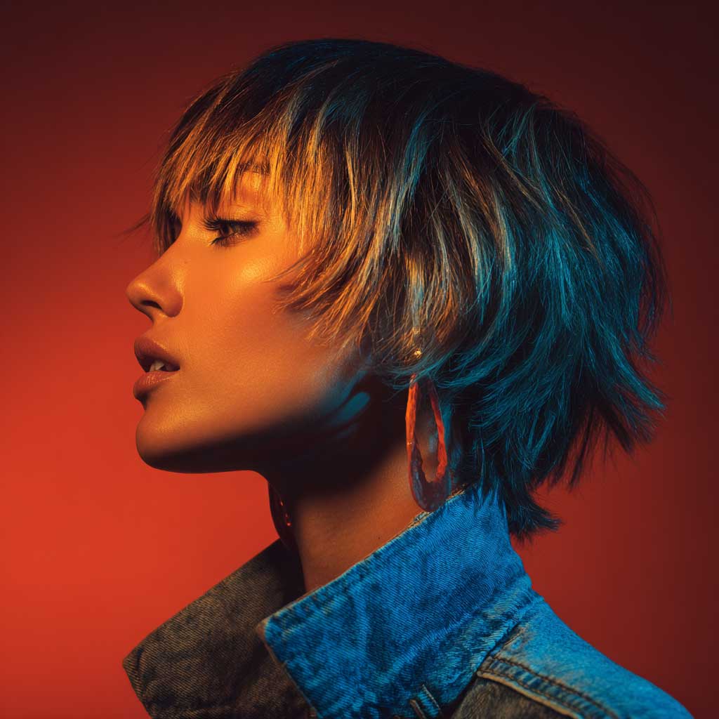 Textured mixie haircut with wispy bangs