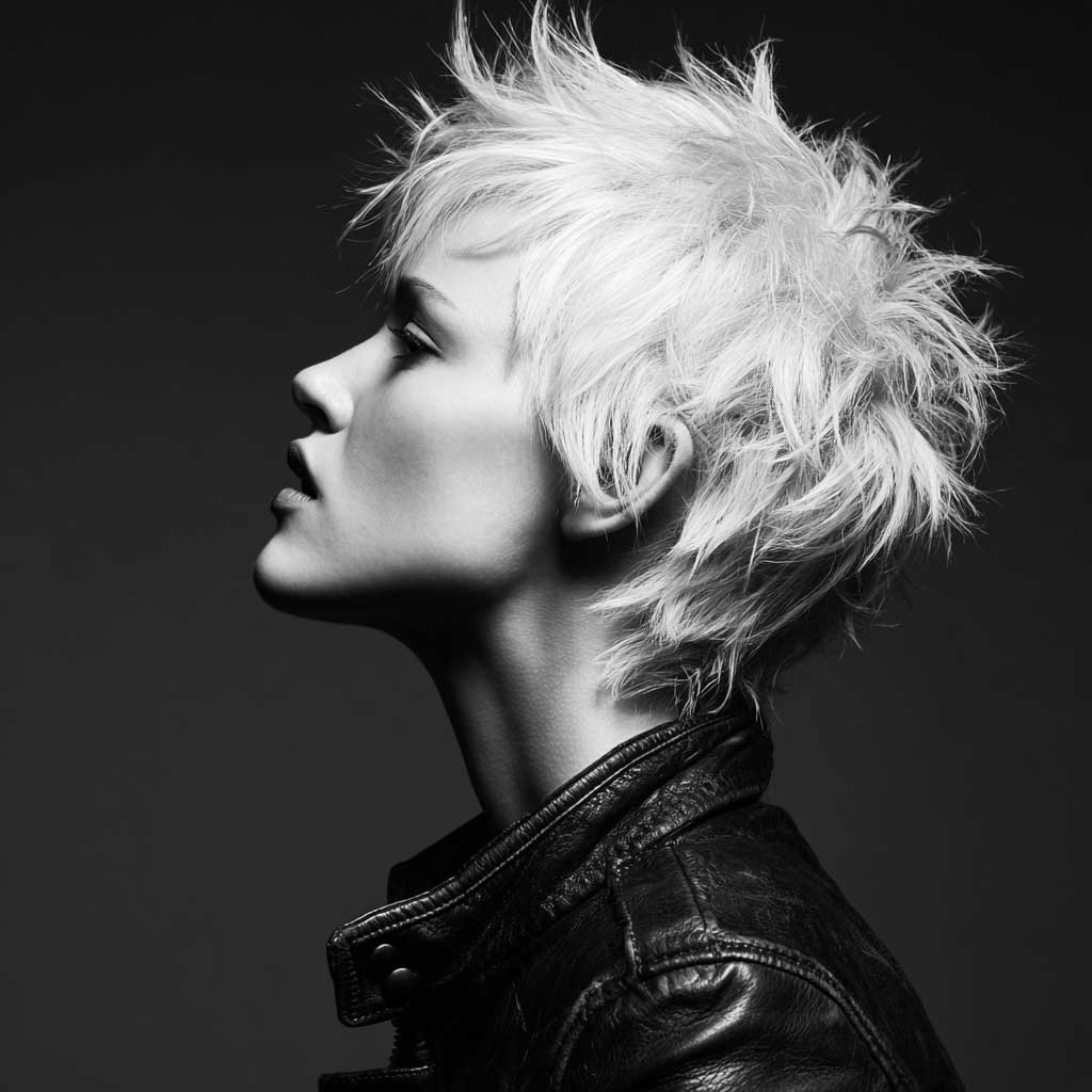 Bleached blonde pixie with dark roots