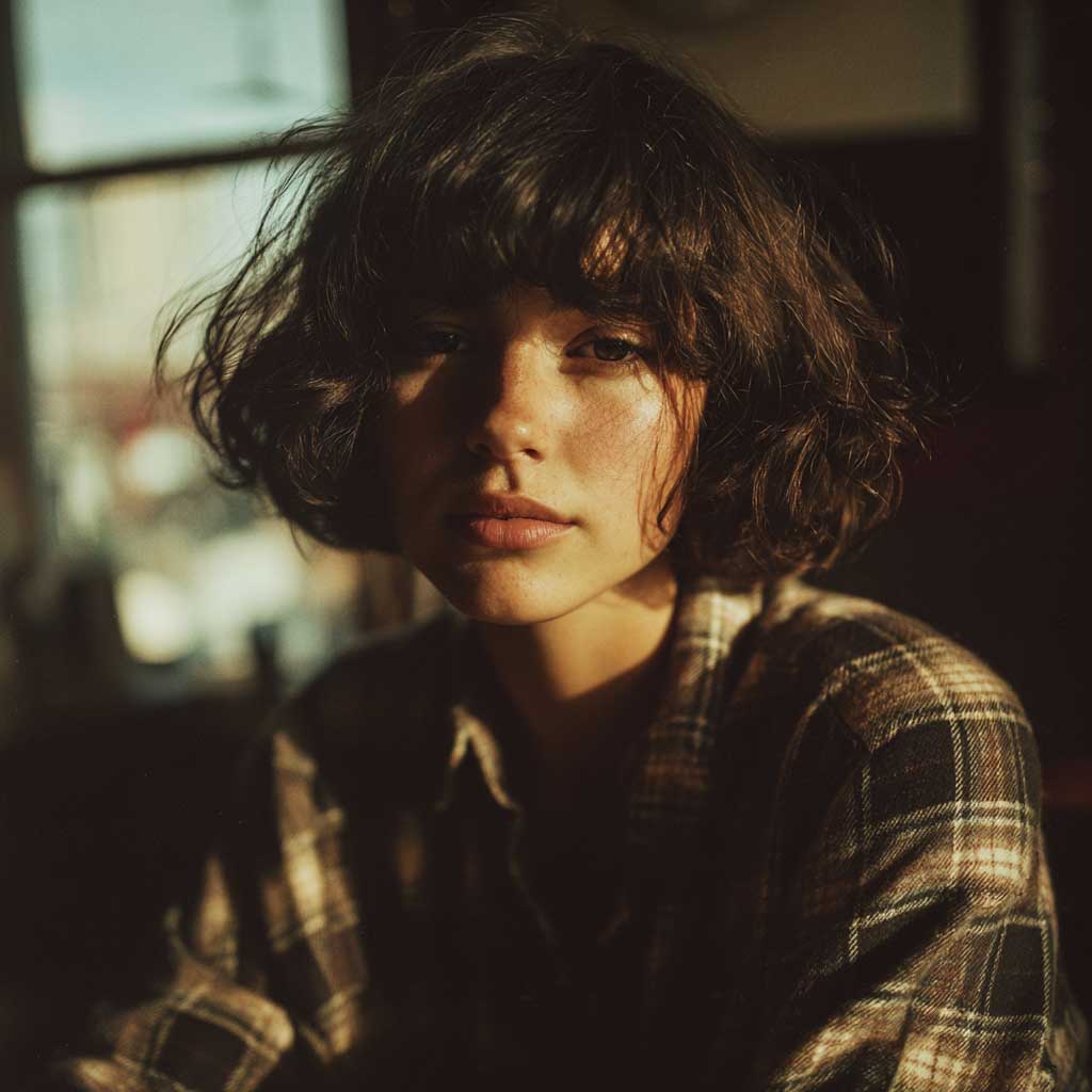 Curtain bangs with layered short hair