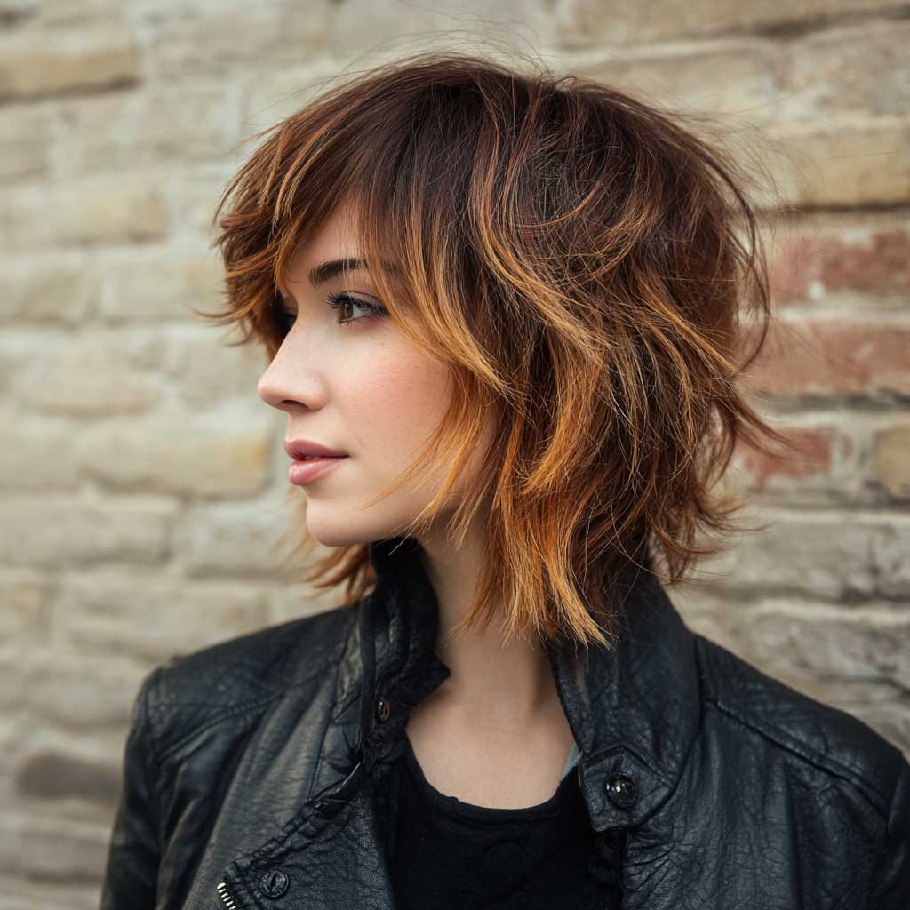 Neck length modern shag with copper balayage