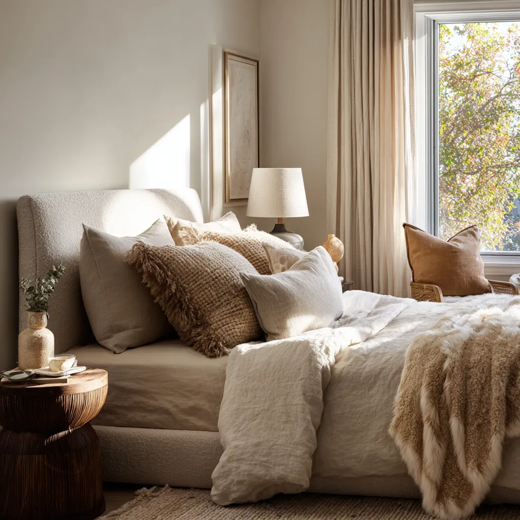 Bright morning light highlighting an ivory headboard