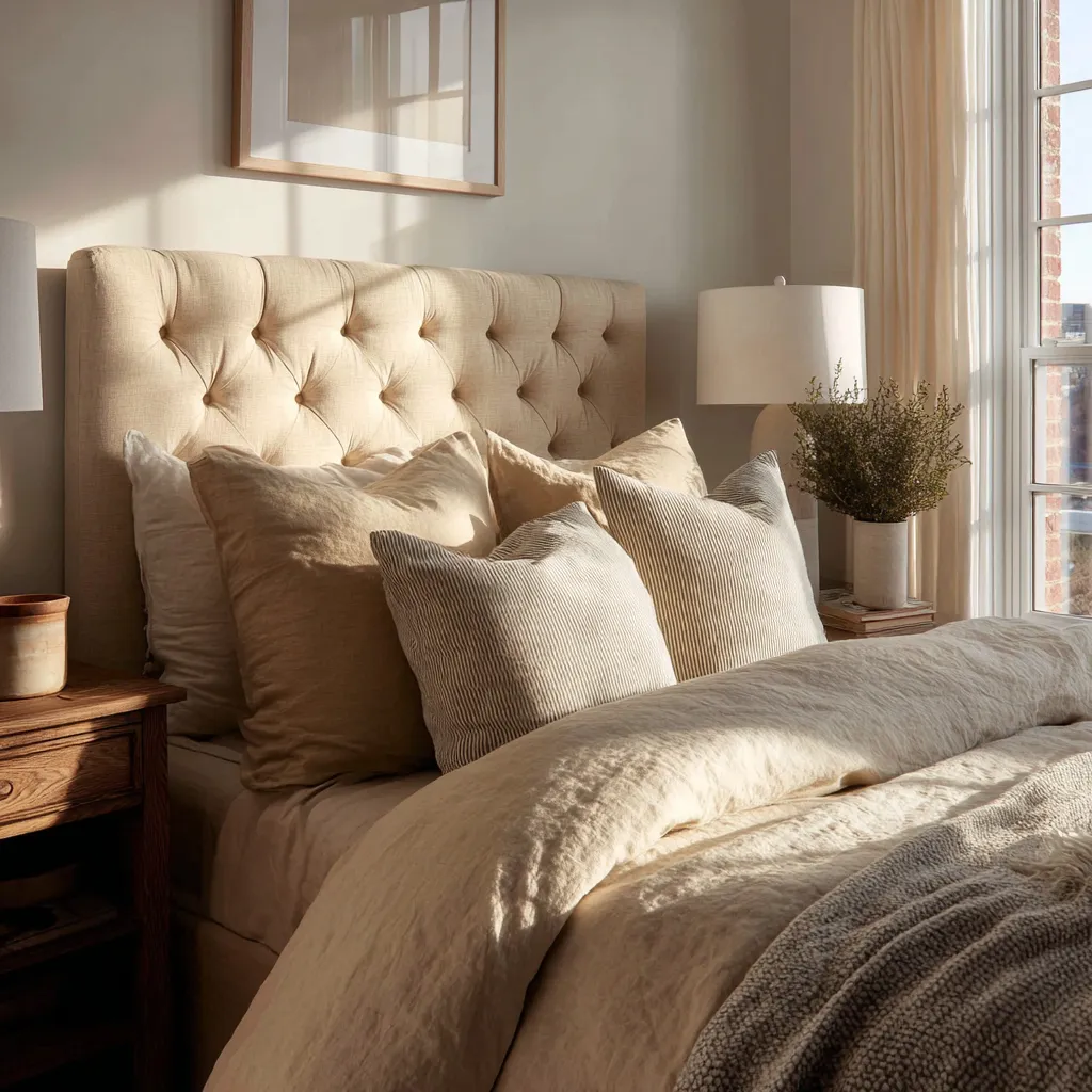 Contemporary sleeping area avoiding stark white elements