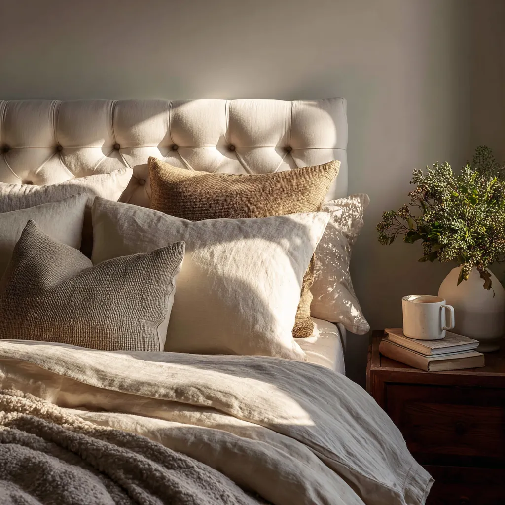 High contrast modern bedroom showcasing creamy off whites