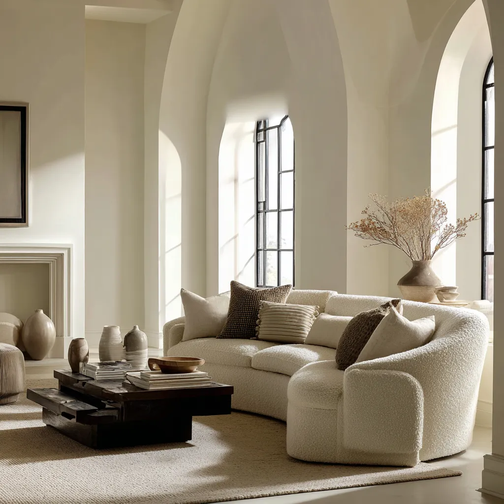 Textured bouclé sofa in a bright high contrast room