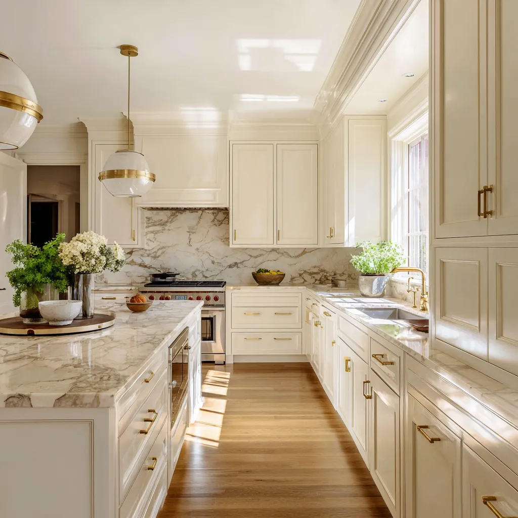 Luxurious culinary area layered in cozy warm neutrals