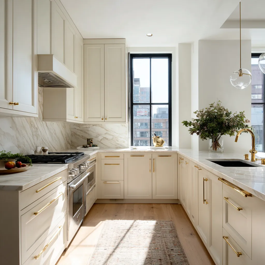 Elegant kitchen showcasing creamy off whites