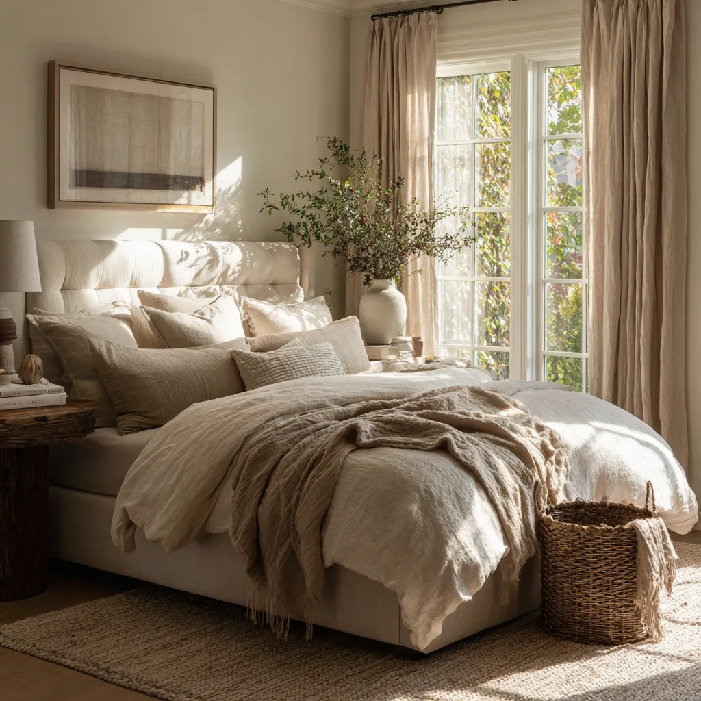 Serene sleeping space layered with cozy warm neutrals