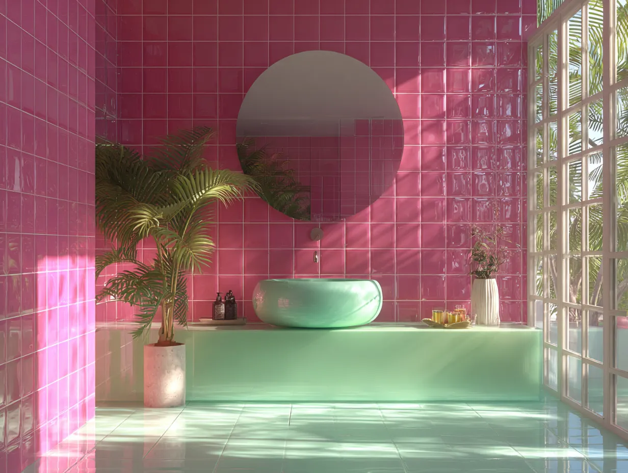 Unique maximalist home decor applied to a contemporary bathroom