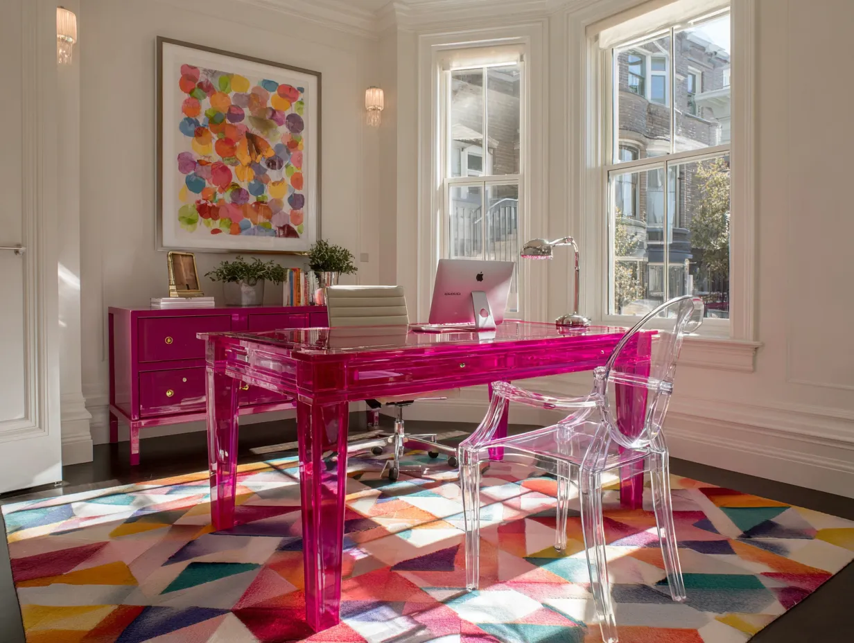 Brightly lit maximalist home decor in a creative workspace