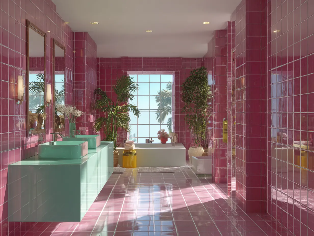 Bold bathroom design showcasing electric fuchsia glossy tiles