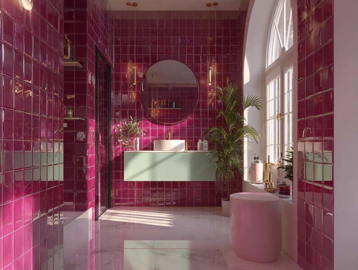 High contrast neon interior styling in a modern washroom