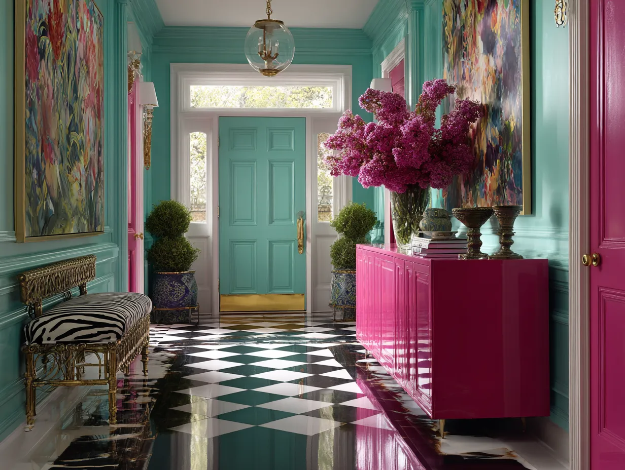 High contrast entryway with an electric fuchsia console table