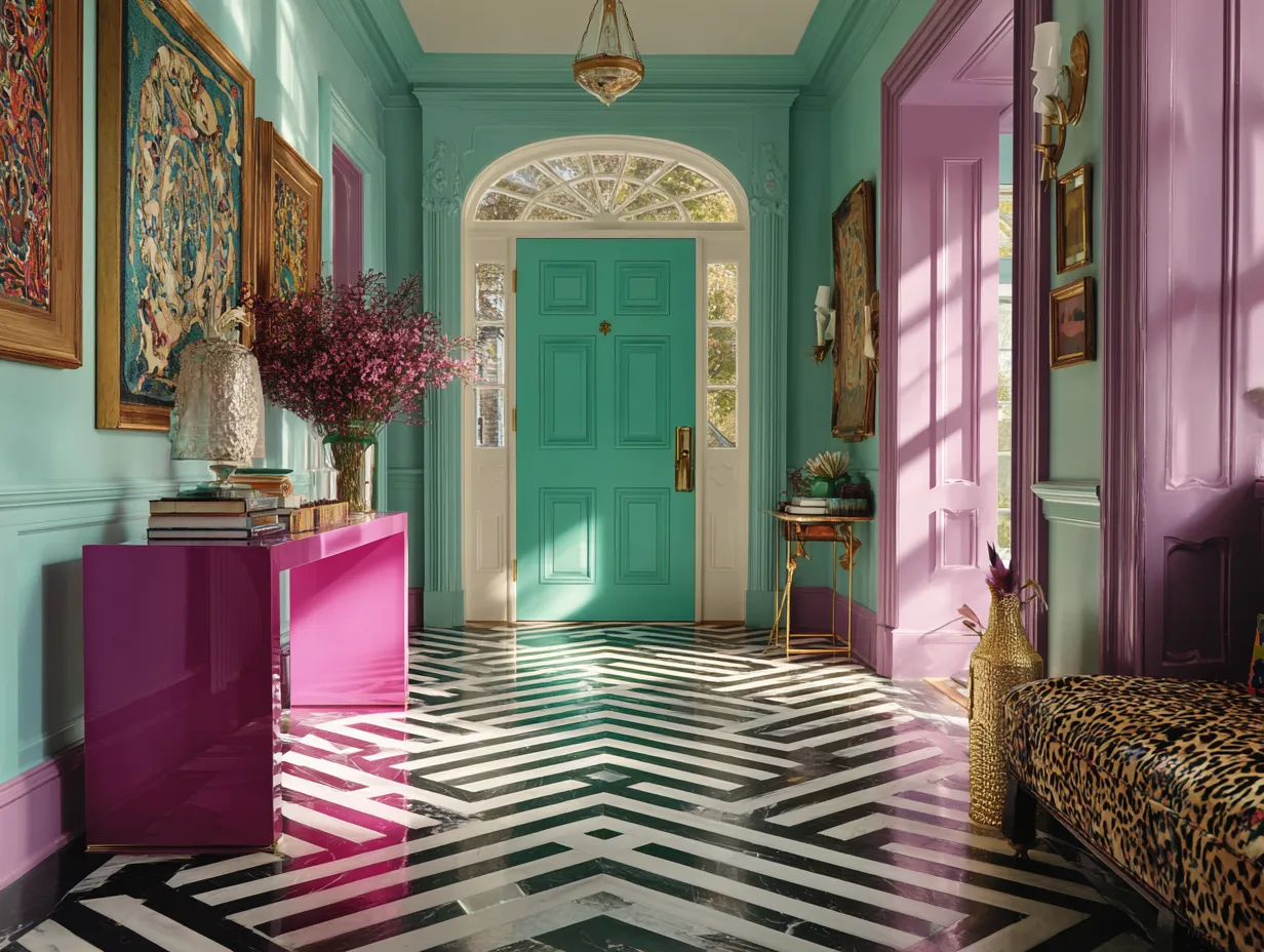 Sharp clear details of a bold and colorful foyer design