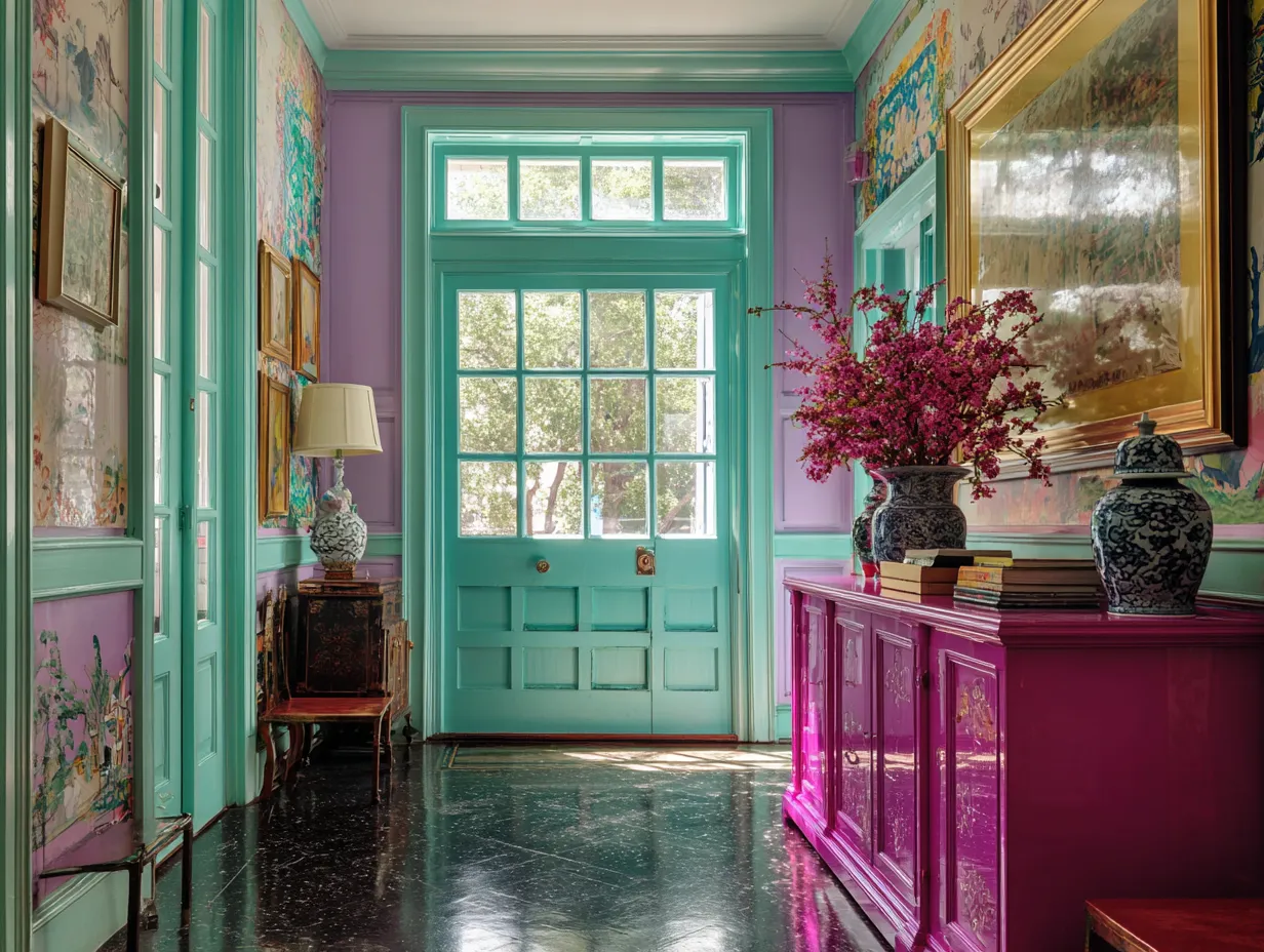  Vibrant welcoming space featuring a jelly mint front door