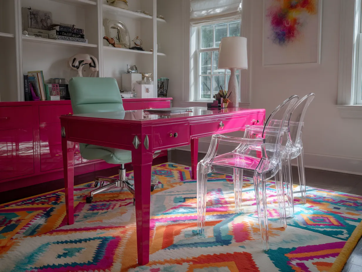 Translucent jelly mint acrylic chairs in a bold office
