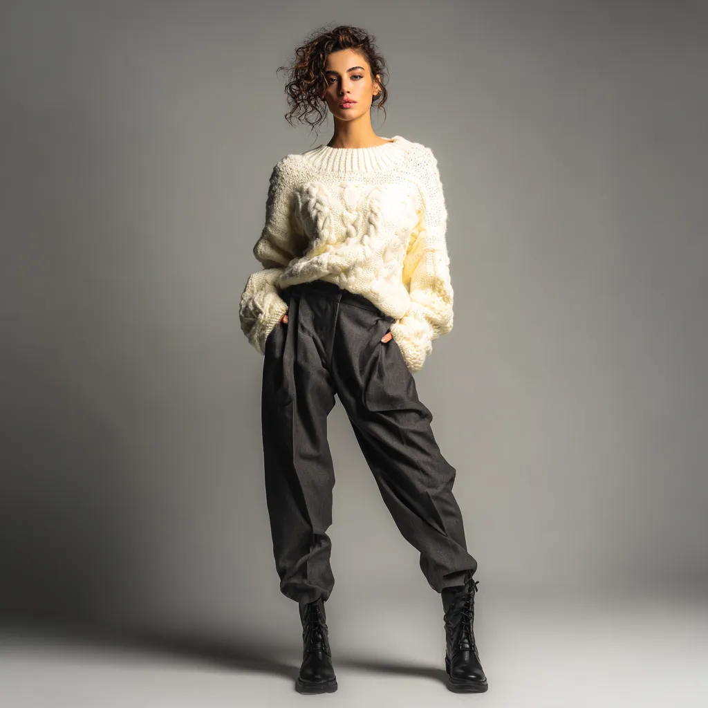 Fluffy cream winter sweater and tailored pants