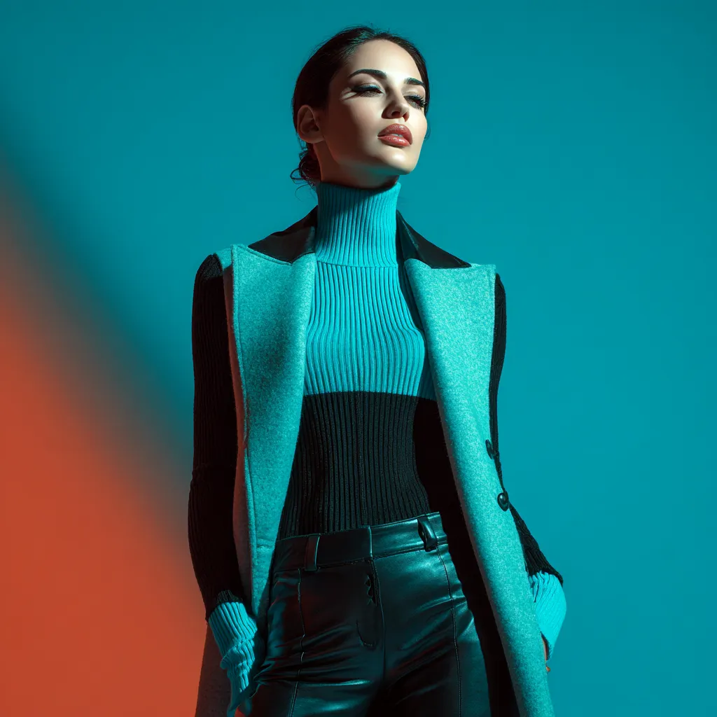 Fashionable cold weather clothing combination with leather pants