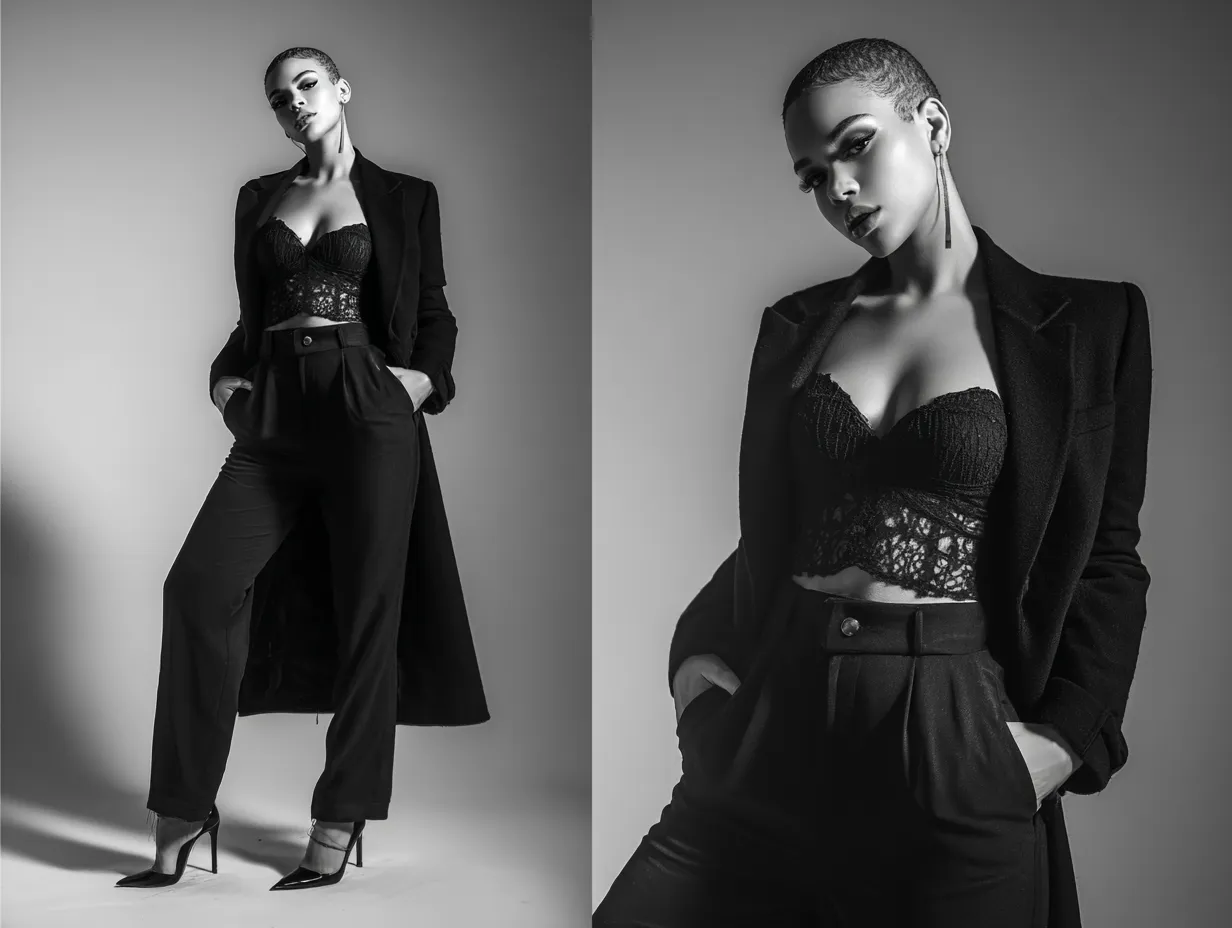 Evening glamour featuring a black oversized blazer draped on shoulders