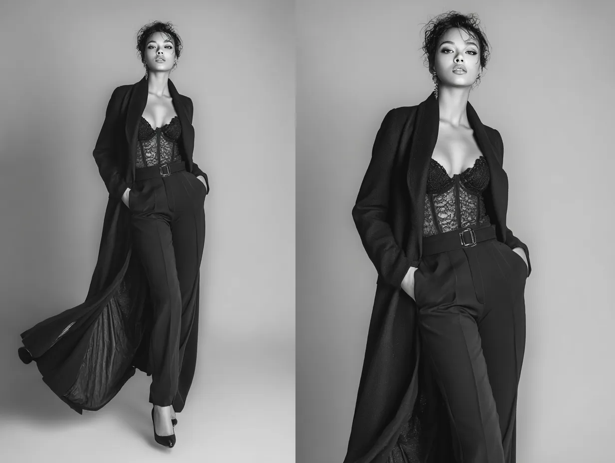 High contrast magazine photoshoot of a large structured coat