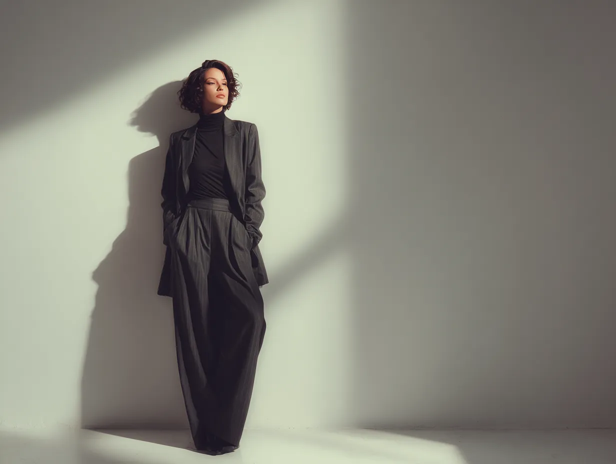 High contrast magazine photoshoot of relaxed office wear