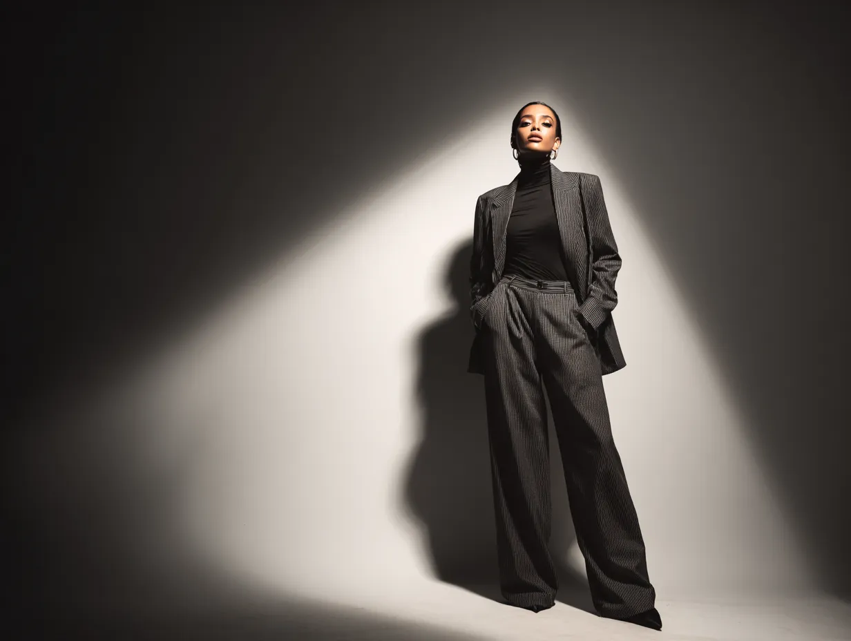 Woman modeling sophisticated tailoring in a bright studio