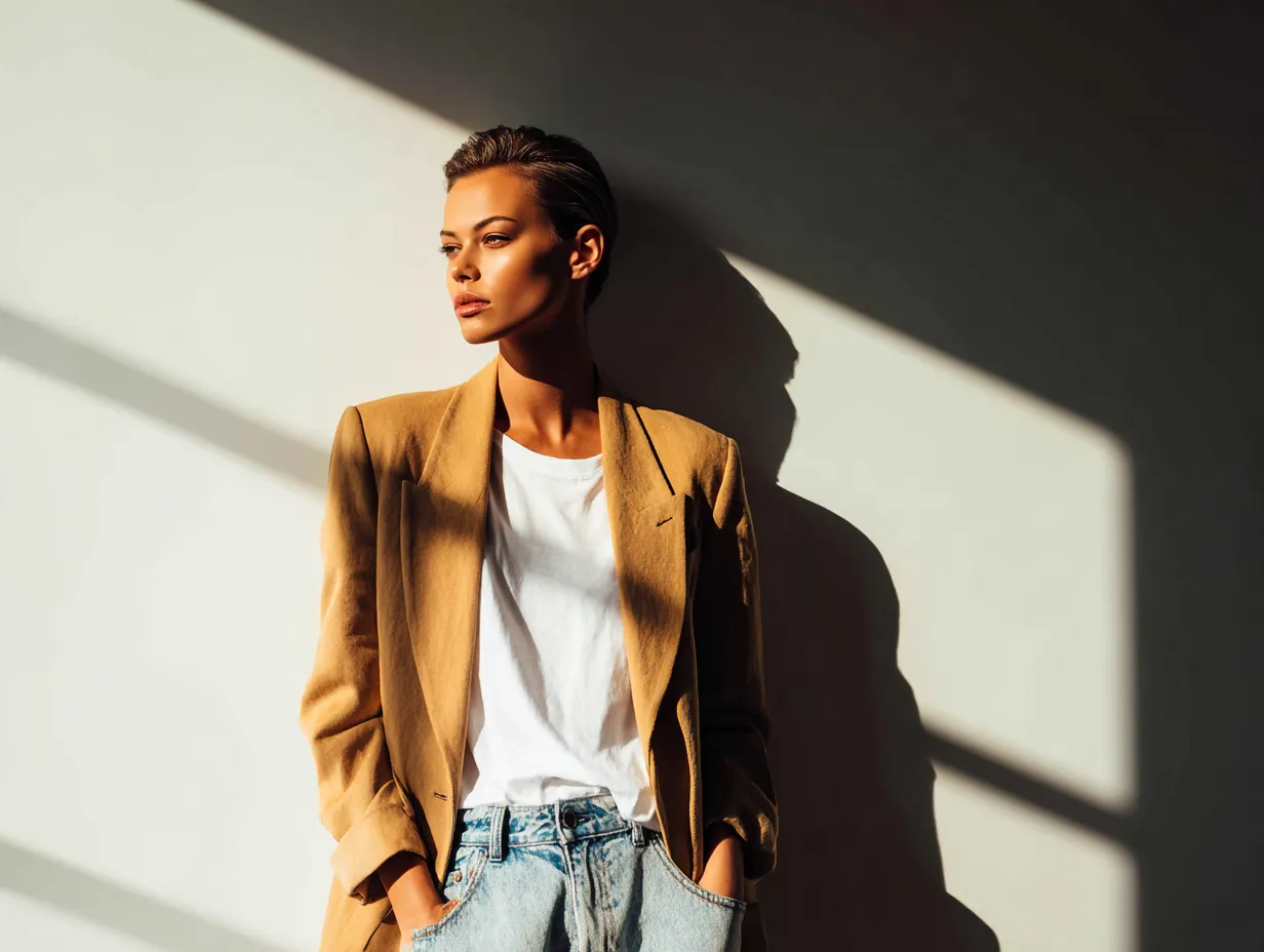 Woman wearing a sophisticated neutral jacket and vintage denim
