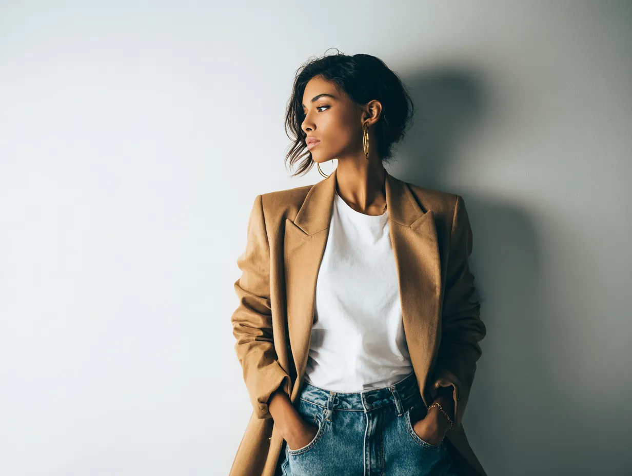 Casual weekend styling utilizing a camel oversized blazer