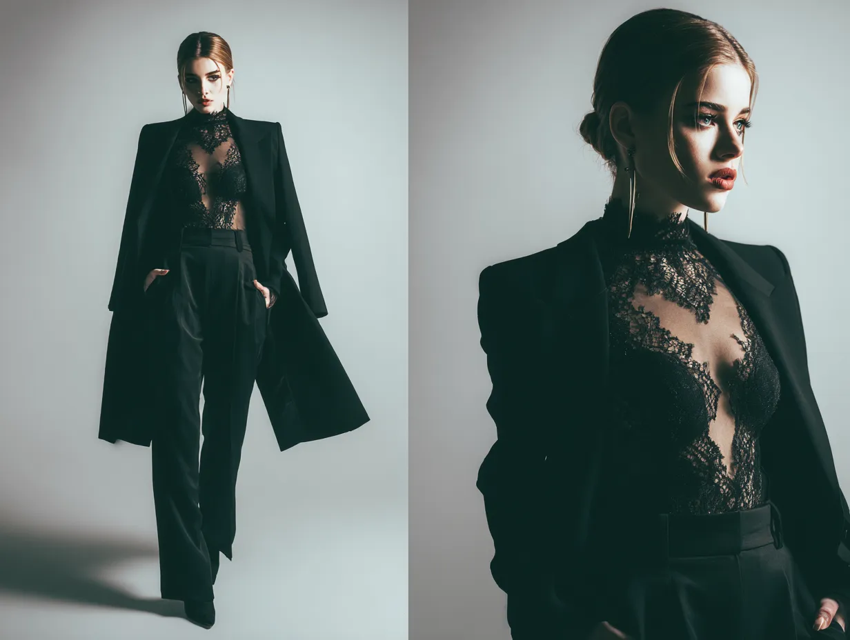 Model showcasing night time fashion with sleek dark tailoring