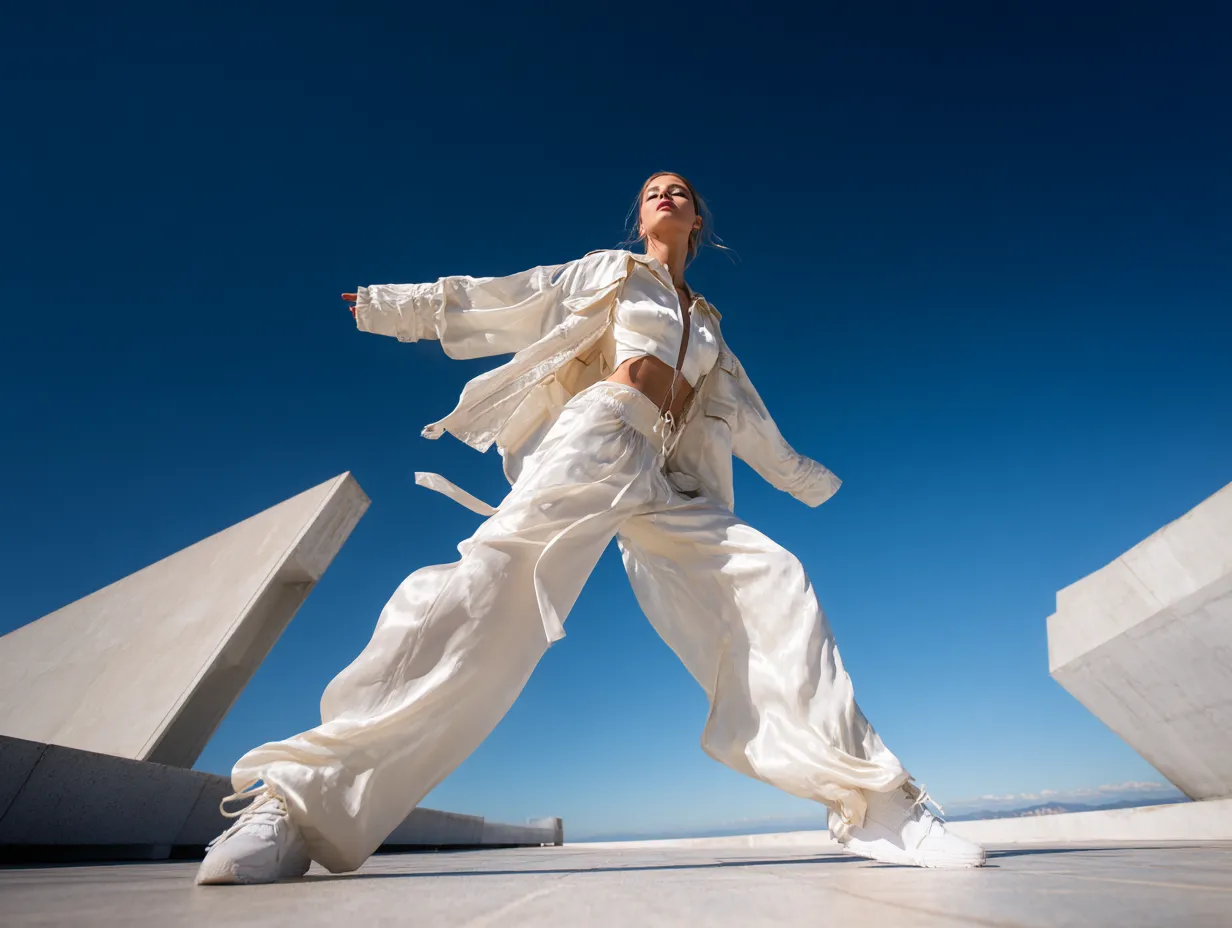 Elegant oversized silk trousers in high contrast lighting