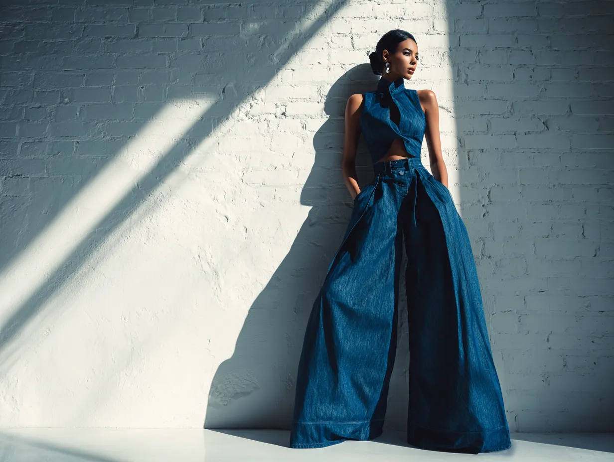 High fashion architectural wide leg denim trousers