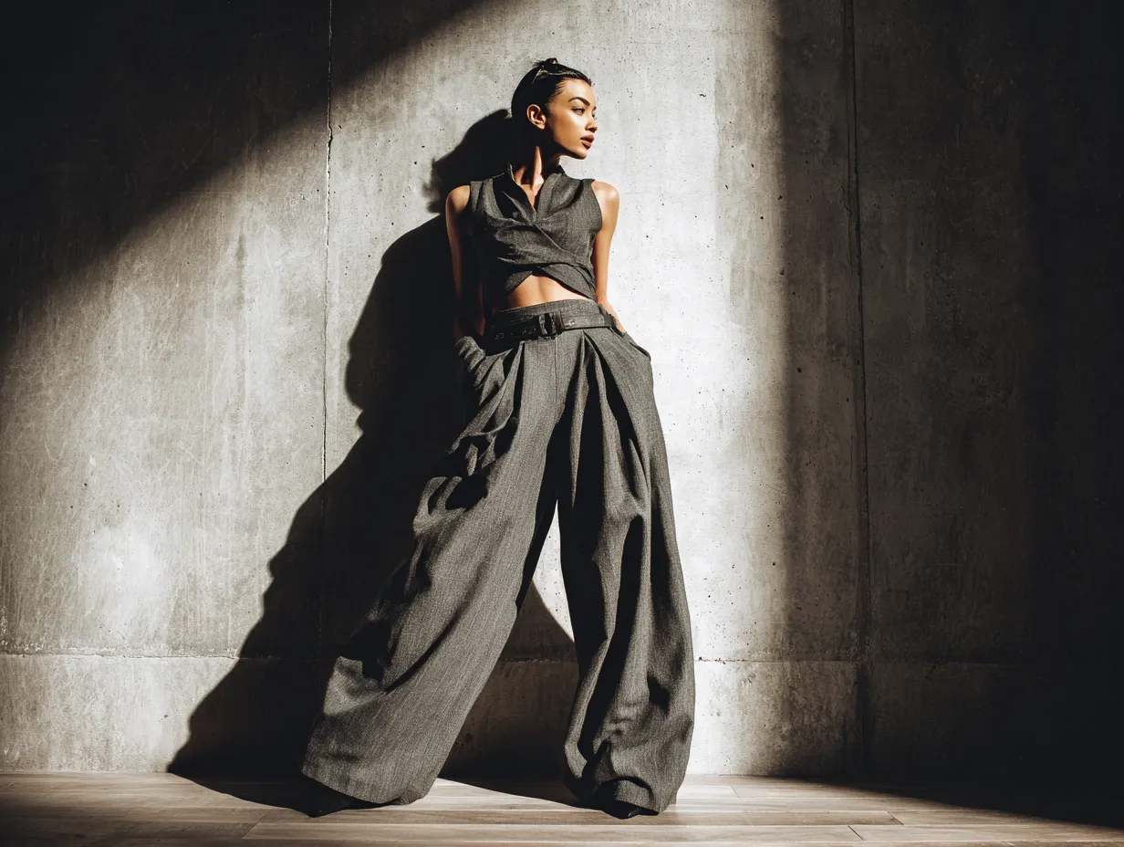 Wide leg wool trousers in high contrast studio lighting