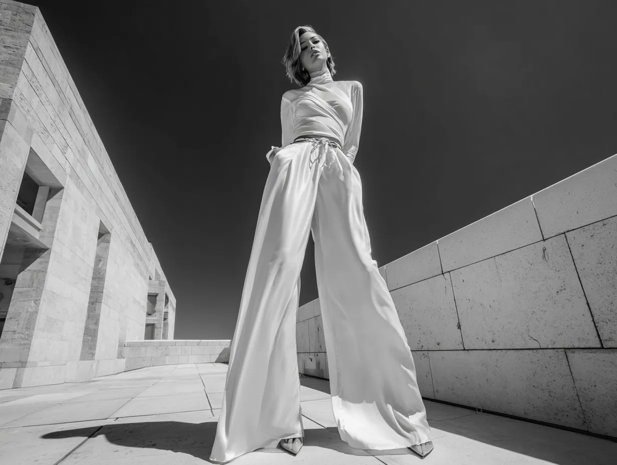High gloss silk wide leg pants photoshoot