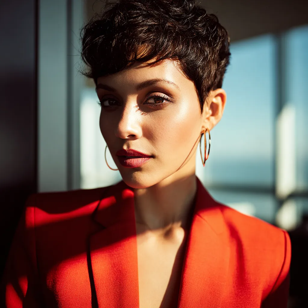 Business woman with a versatile bixie cut in the office