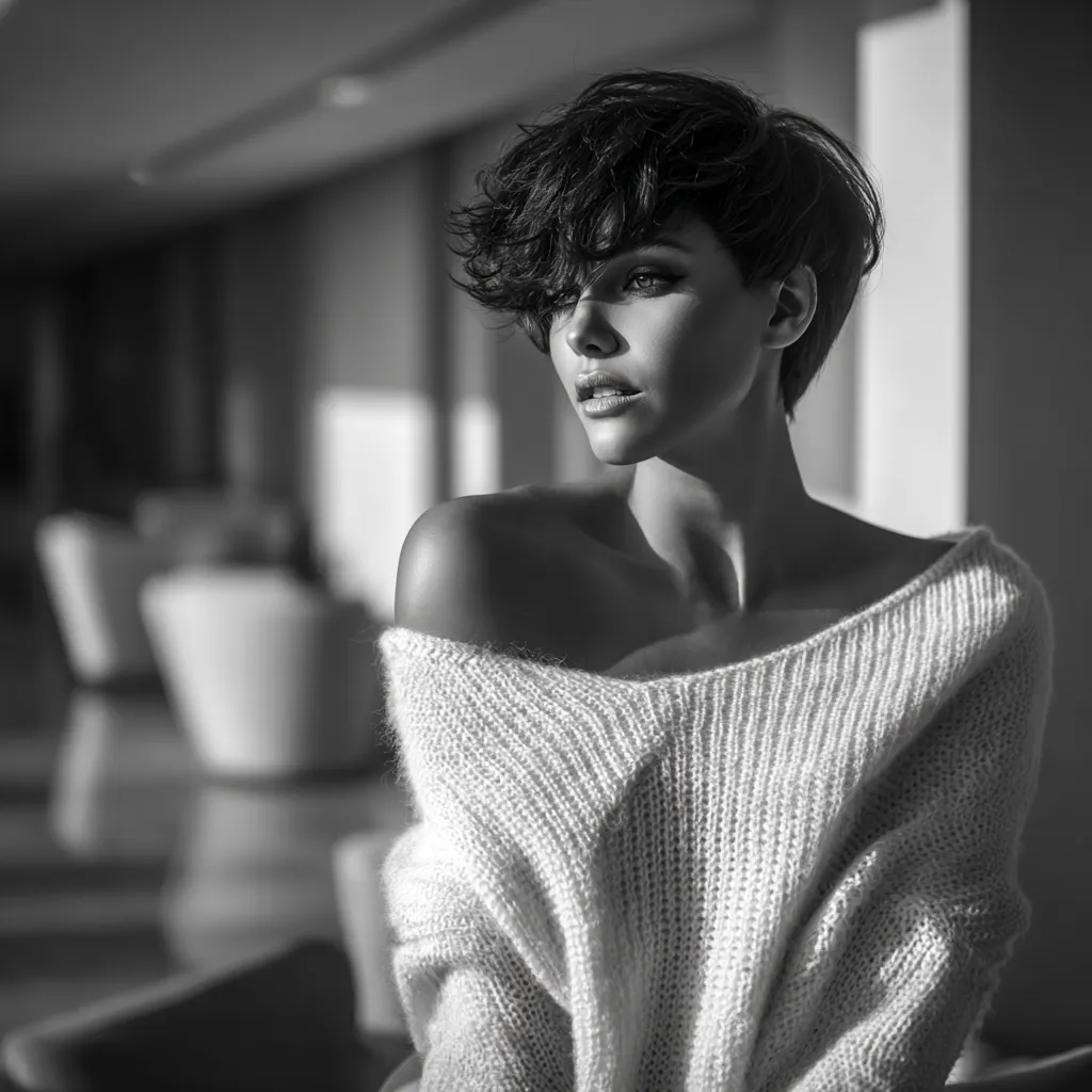 Voluminous pixie bob on a trendy woman indoors