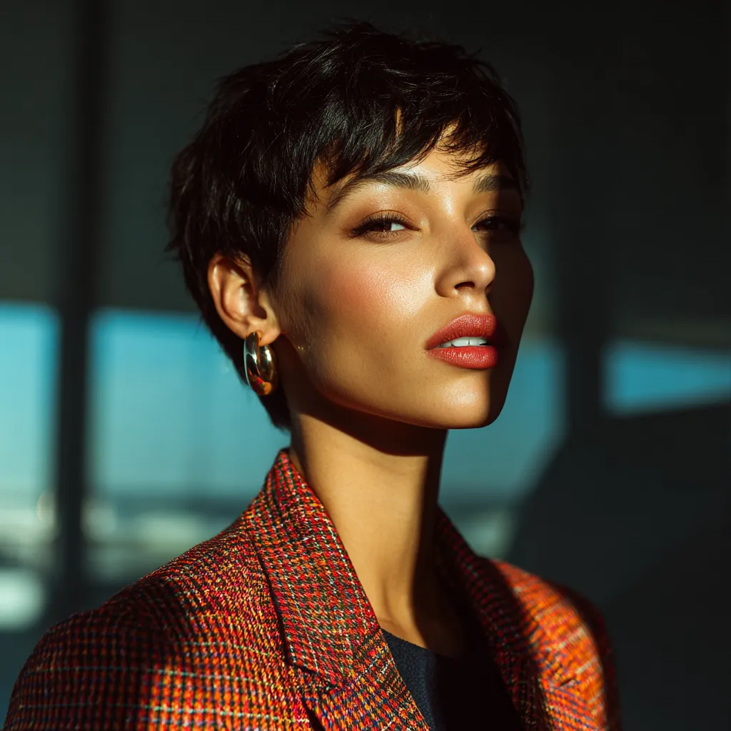 Sleek cropped hairstyle paired with a tailored suit