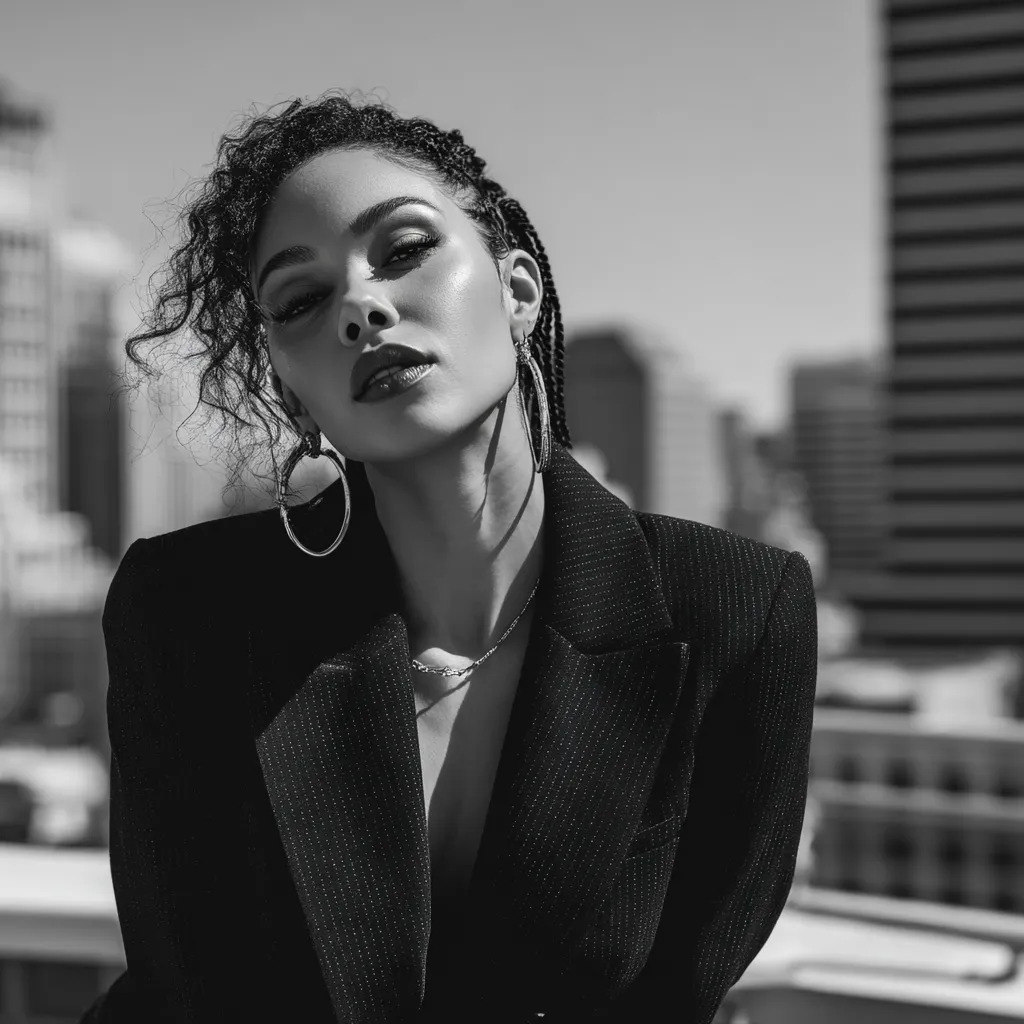Sleek straight fringe and side pieces on a bright rooftop