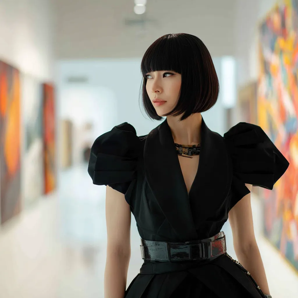 Striking Japanese princess haircut paired with a black gown