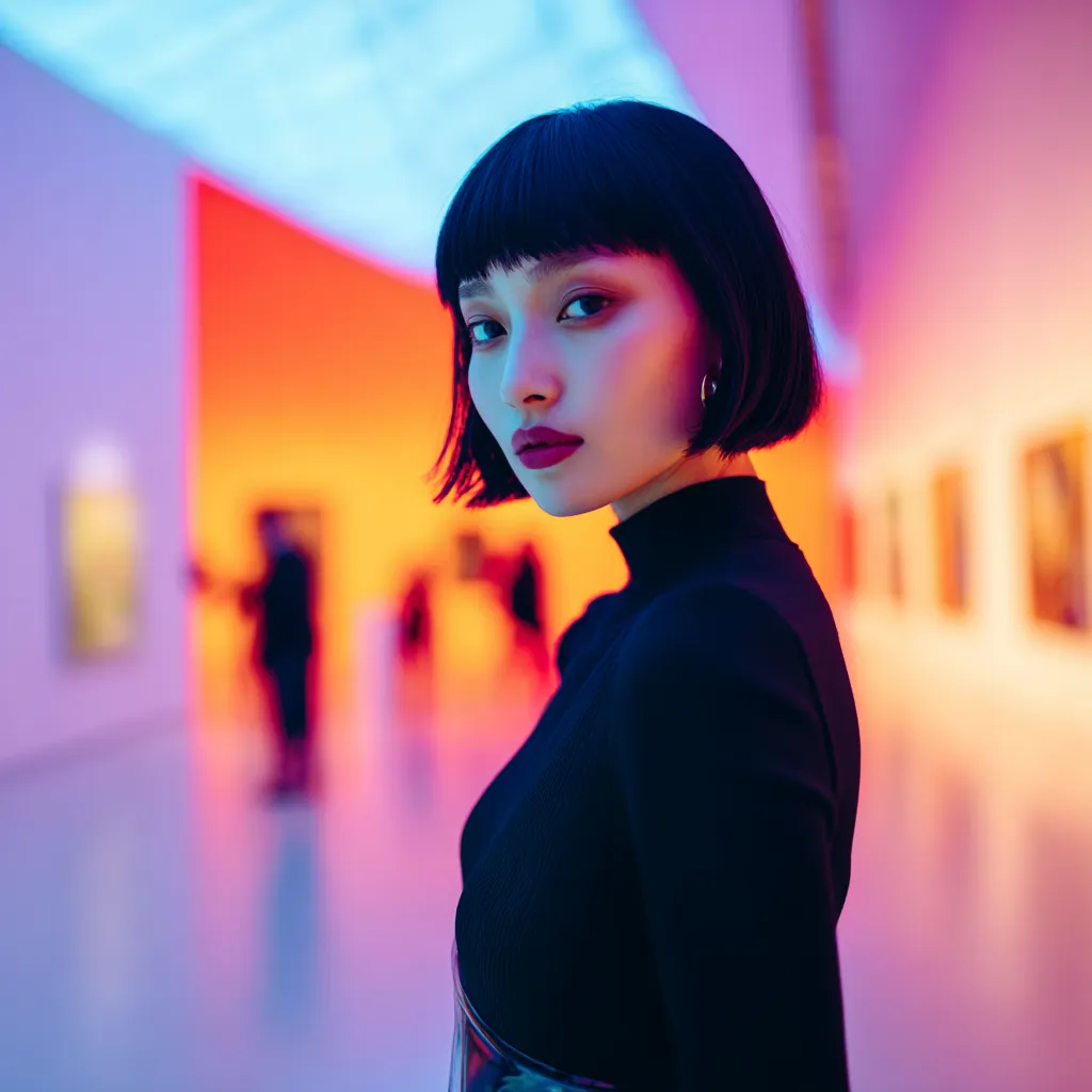 Elegant woman showcasing a sleek Hime cut in an art gallery
