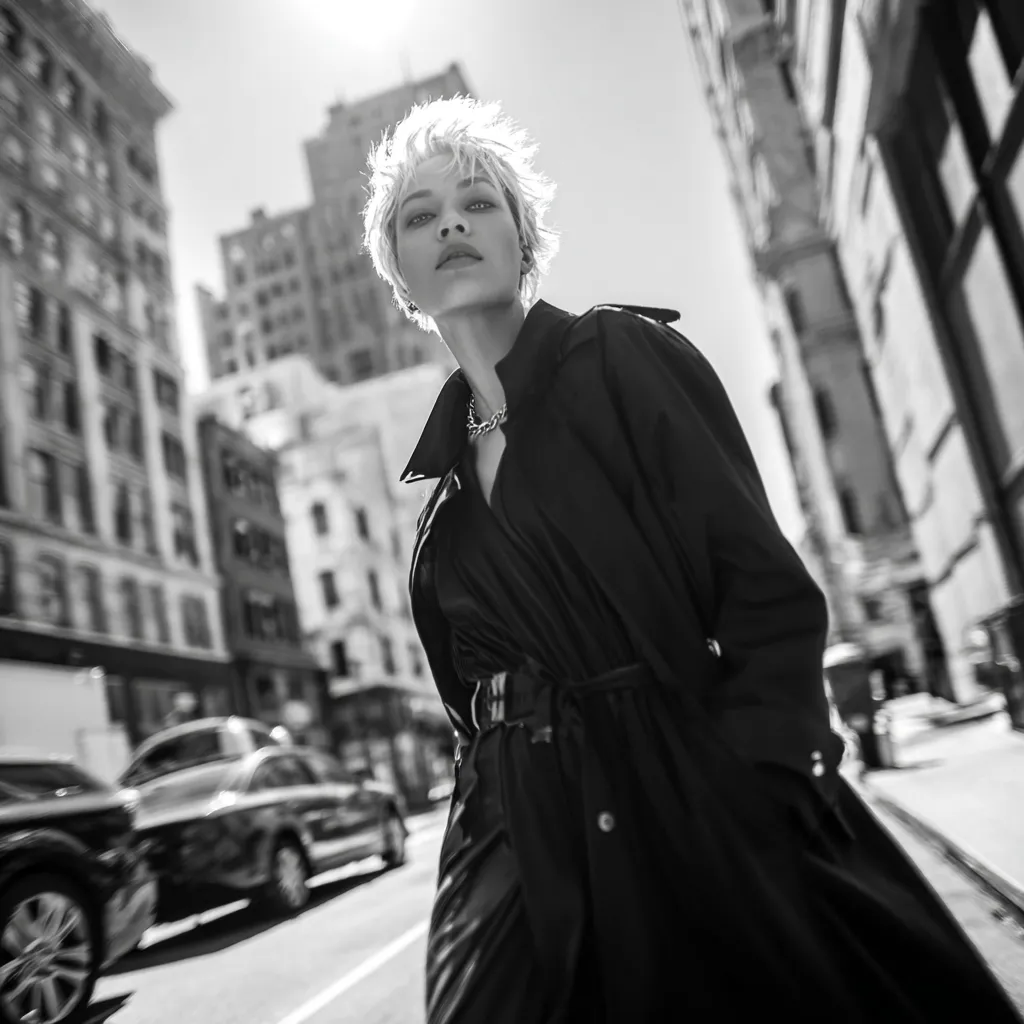 Confident woman with an edgy Hime cut walking in the city