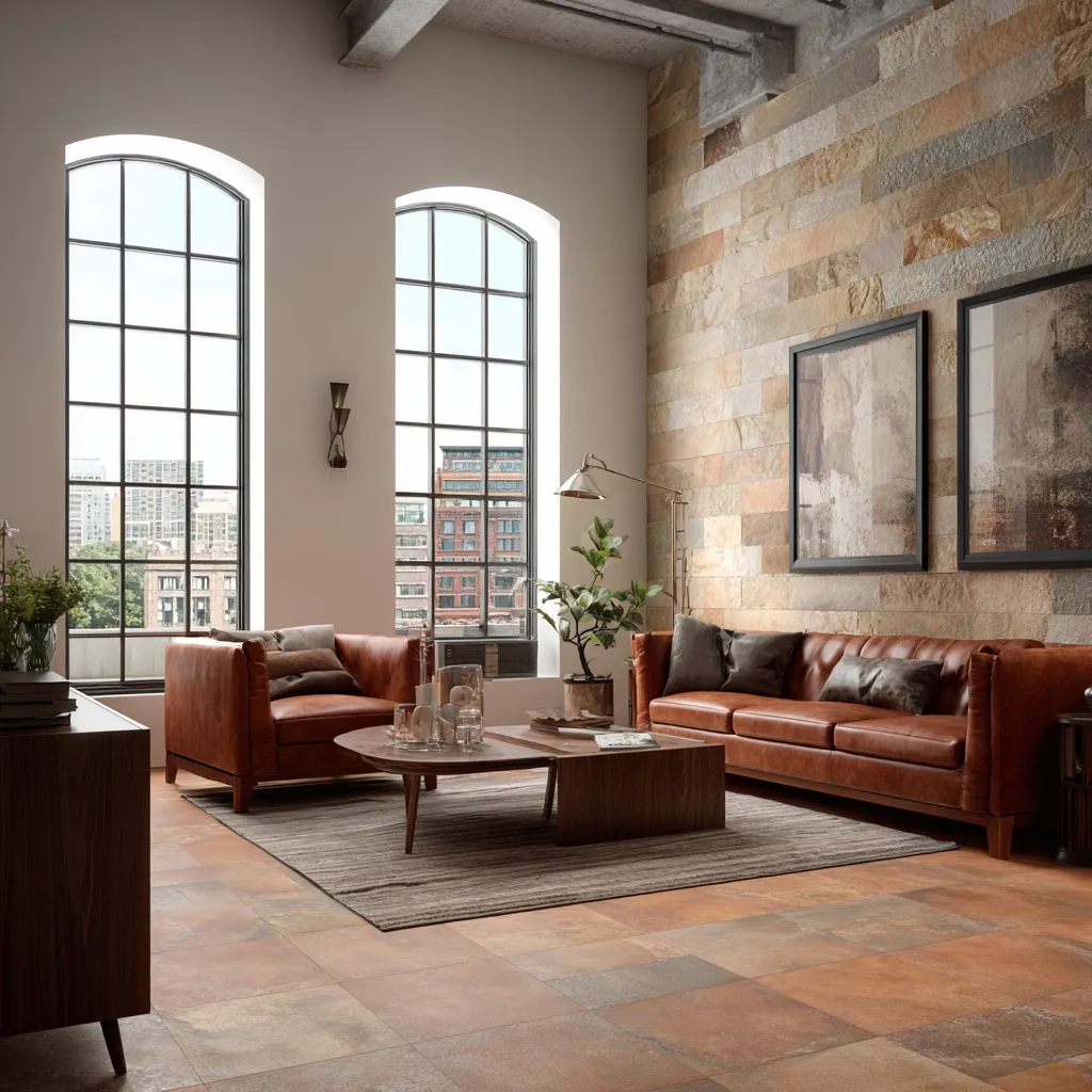 Sunlit city apartment featuring rustic Mediterranean home style elements