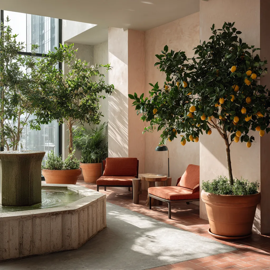 Bright urban courtyard featuring Tuscan design in modern spaces