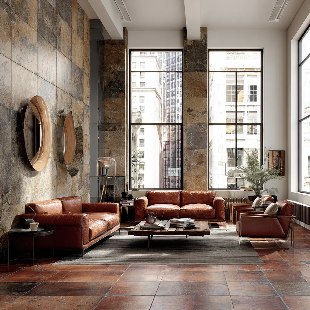 Urban Italian decor with terracotta floors and stone accent walls