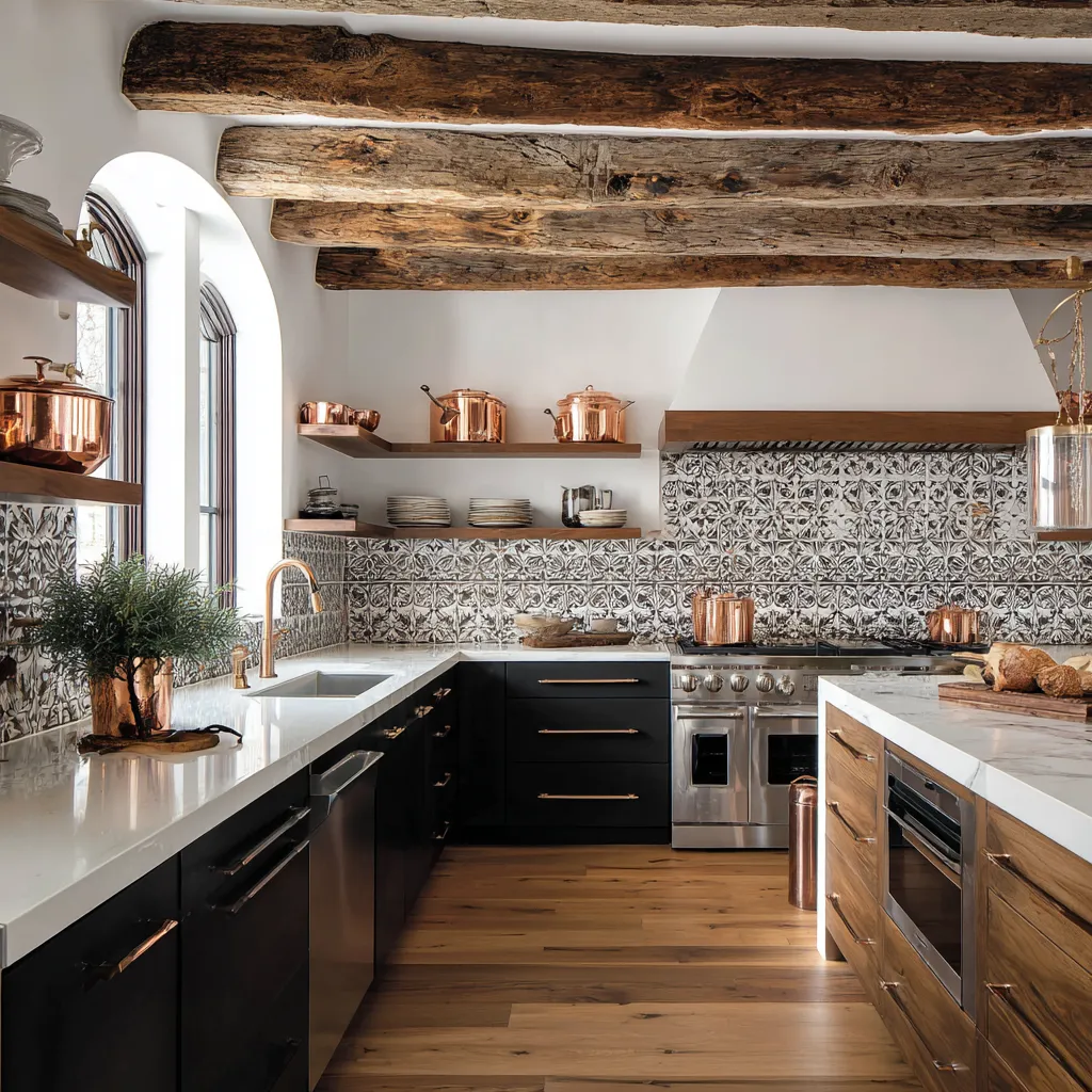 High contrast cooking space reflecting the Italian villa aesthetic
